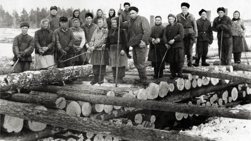 Das Bild zeigt deutsche Frauen und Männer in einem von Stalins Arbeitslagern.