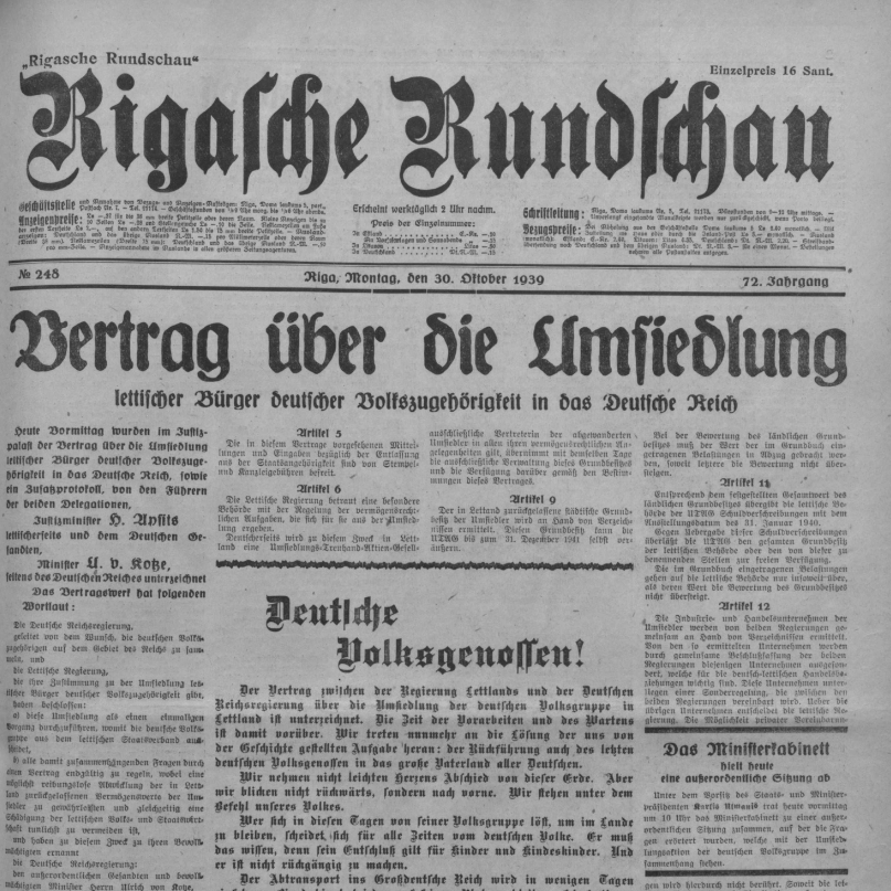 Rigasche Rundschau, 30. 10. 1939, Titelblatt