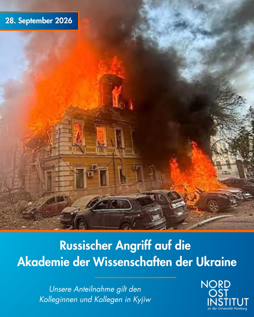 Das Bild zeigt die brennende Akademie der Wissenschaften in Kyjiw