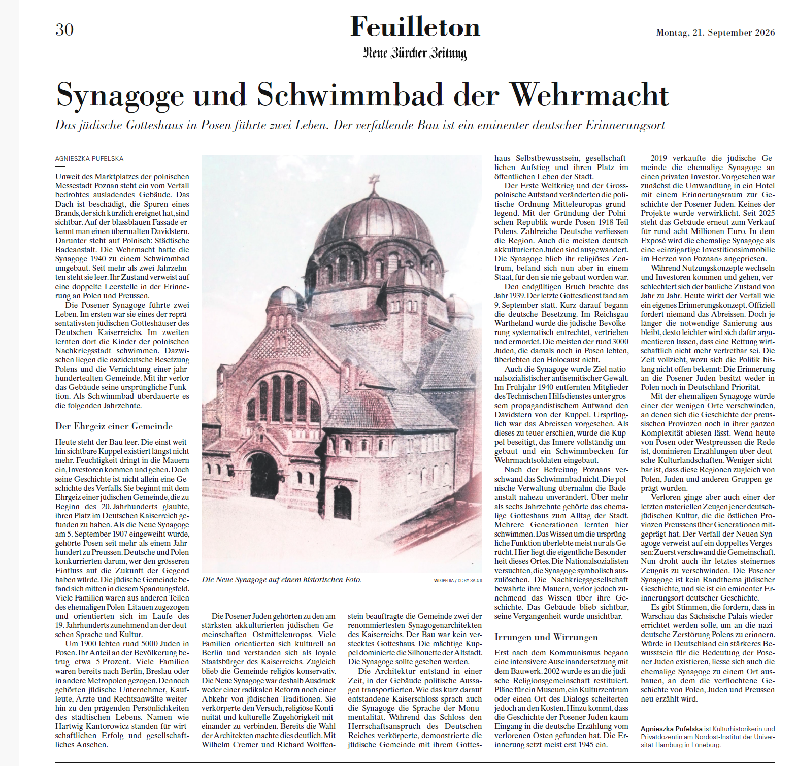 Das Bild zeigt den Gastbeitrag von Agnieszka Pufelska mit einem historischen Bild der Posener Synagoge